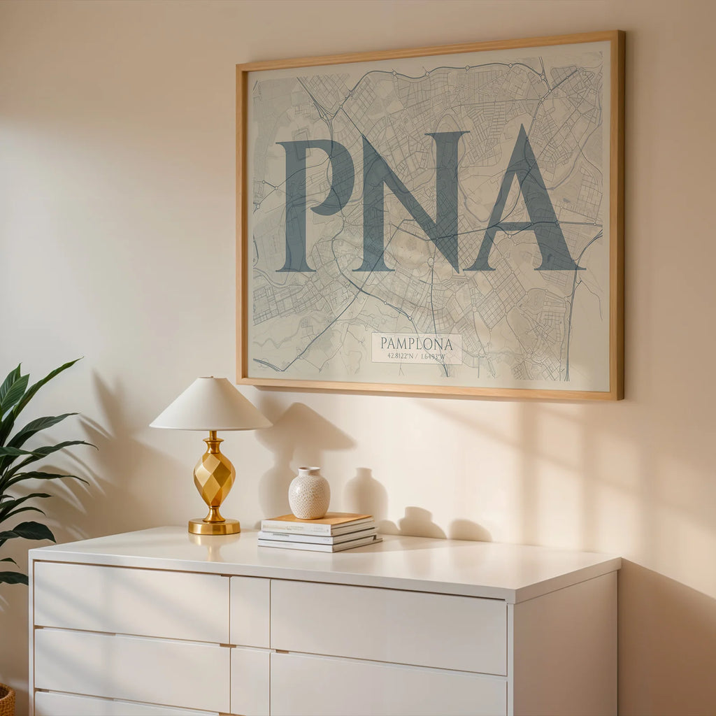 Modern interior design with a Pamplona in Classic design, inspired by chiseled typography with an elegant font that creates a beautiful visual contrast designed in bluish gray and an off-white background, displayed on a living room wall