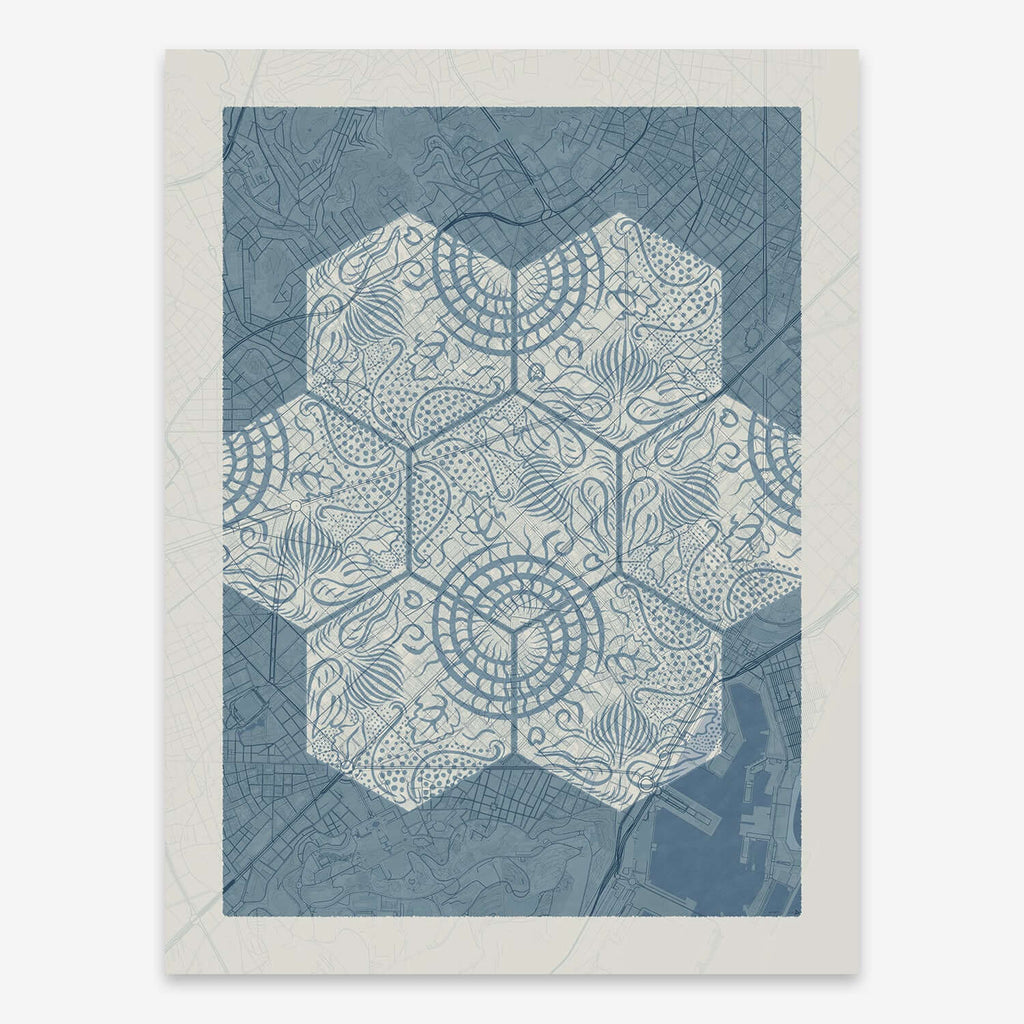 The map of L'Eixample, Barcelona, city map print designed in bluish gray and an off-white background