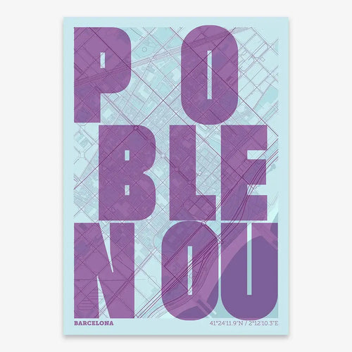 Mapa del Poblenou, Barcelona, en el diseño la Revoltosa, donde las letras del nombre aparecen aleatoriamente en diferentes líneas para un diseño urbano realmente original diseñado en púrpura y azul claro