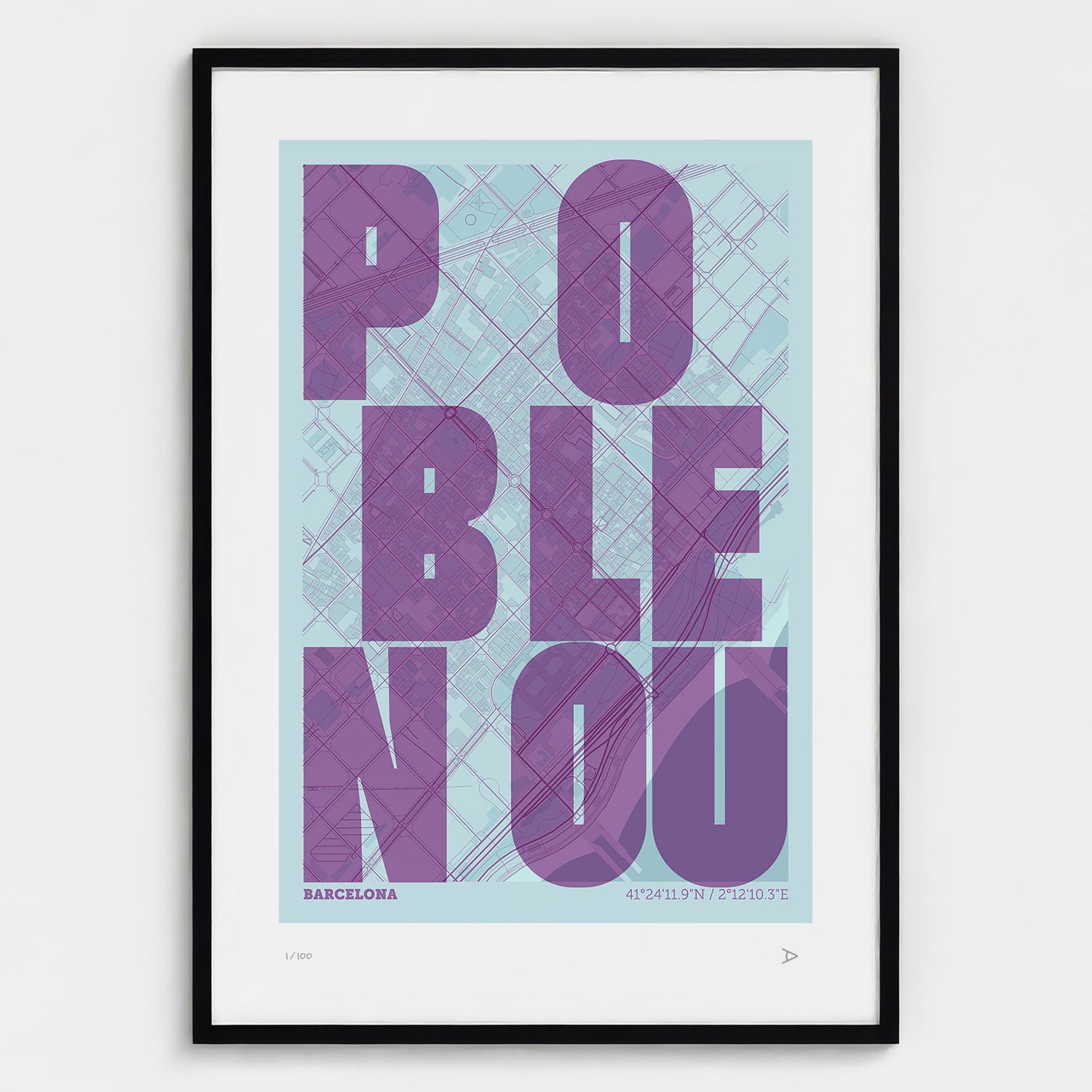 Lámina tipográfica de Poblenou – diseño Revoltosa, marco negro