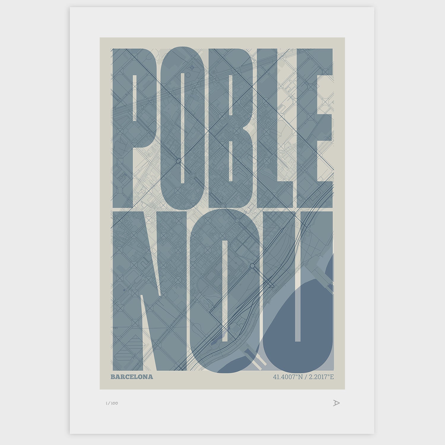 Poblenou Map Art Print typographic print, Extra Comprimida design