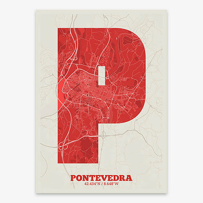 Decorative print of Pontevedra composed with letters in a heavy geometric font printed on red and an off-white background