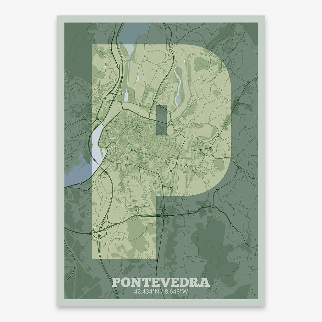 Decorative print of Pontevedra composed with letters in a heavy geometric font printed on two green tones