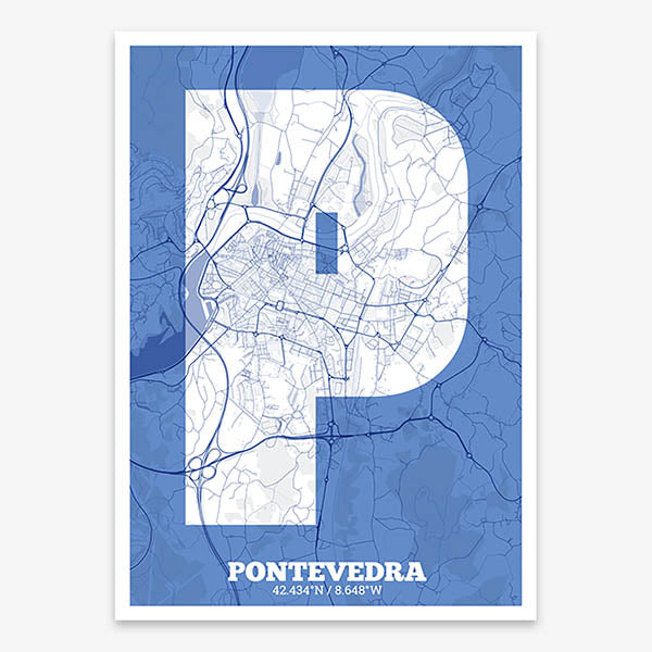 Decorative print of Pontevedra composed with letters in a heavy geometric font printed on navy blue and white