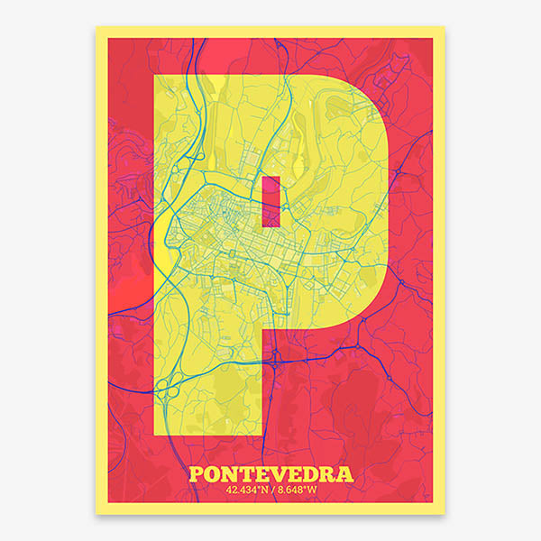 Decorative print of Pontevedra composed with letters in a heavy geometric font printed on yellow and fuchsia