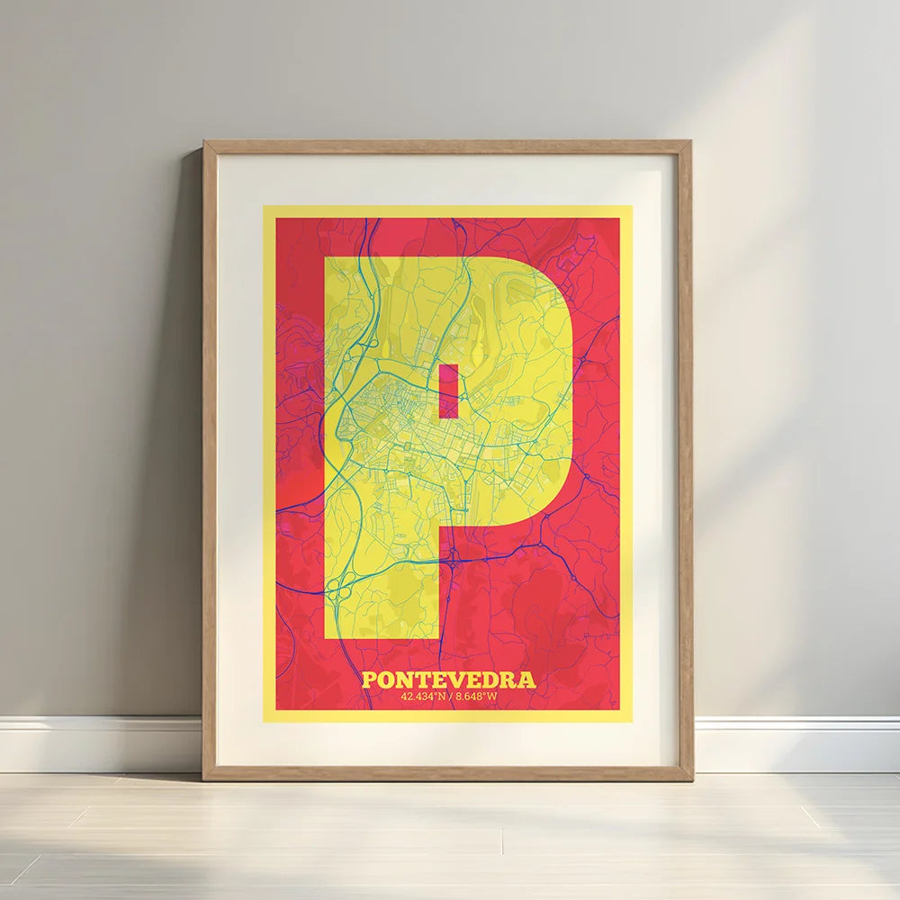 Framed Pontevedra in Super Bold design, a typographic poster where the city map is overlaid with extra-thick lettering for a modern, high-impact look designed in yellow and fuchsia with a white margin border in a warm lit minimalist setting
