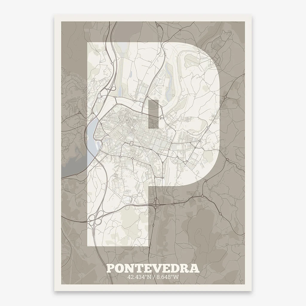 Decorative print of Pontevedra composed with letters in a heavy geometric font printed on light brown and an off-white background