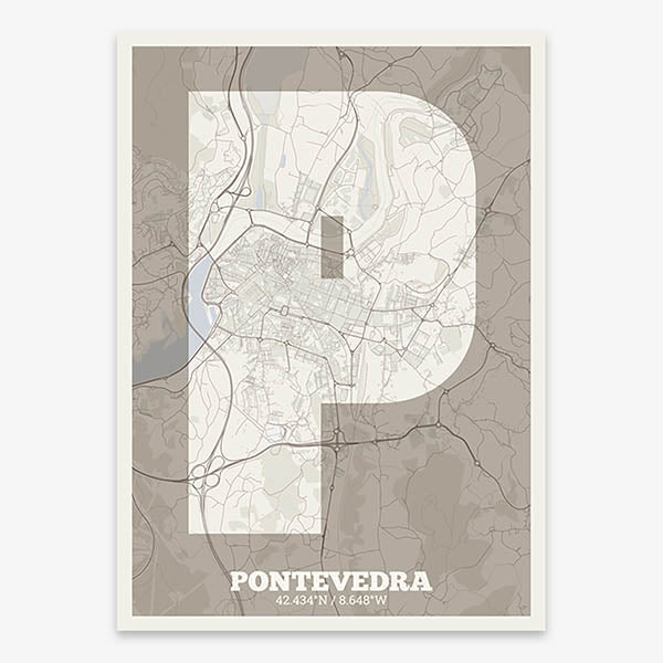 Decorative print of Pontevedra composed with letters in a heavy geometric font printed on light brown and an off-white background