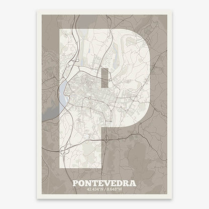 Decorative print of Pontevedra composed with letters in a heavy geometric font printed on light brown and an off-white background