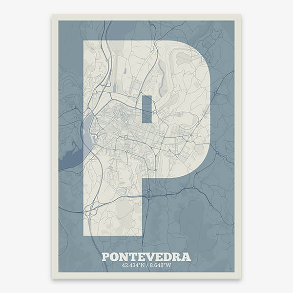 Decorative print of Pontevedra composed with letters in a heavy geometric font printed on bluish gray and an off-white background