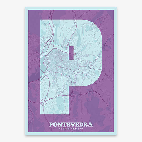 Decorative print of Pontevedra composed with letters in a heavy geometric font printed on purple and light blue
