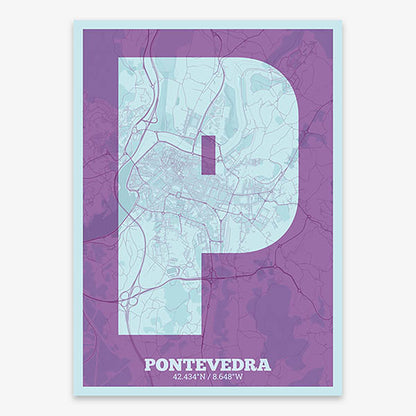 Decorative print of Pontevedra composed with letters in a heavy geometric font printed on purple and light blue