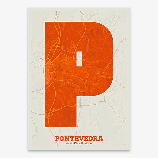 Decorative print of Pontevedra composed with letters in a heavy geometric font printed on orange and an off-white background
