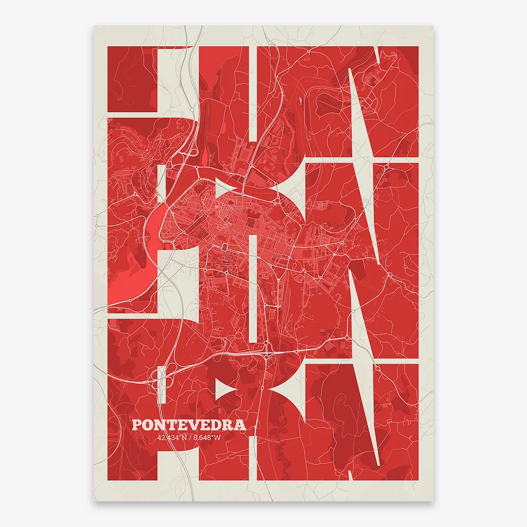 Poster of Pontevedra composed with letters from its abbreviation or its airport IATA code printed on red and an off-white background