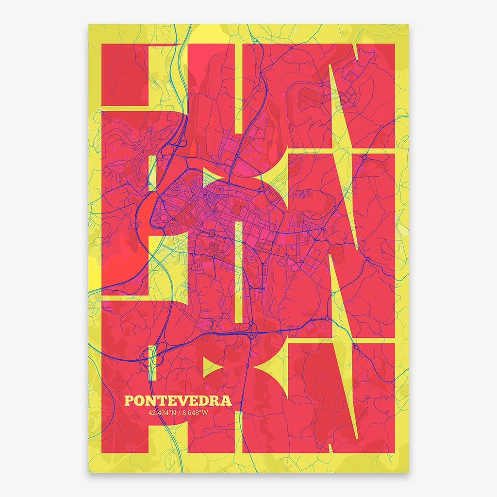 Poster of Pontevedra composed with letters from its abbreviation or its airport IATA code printed on yellow and fuchsia