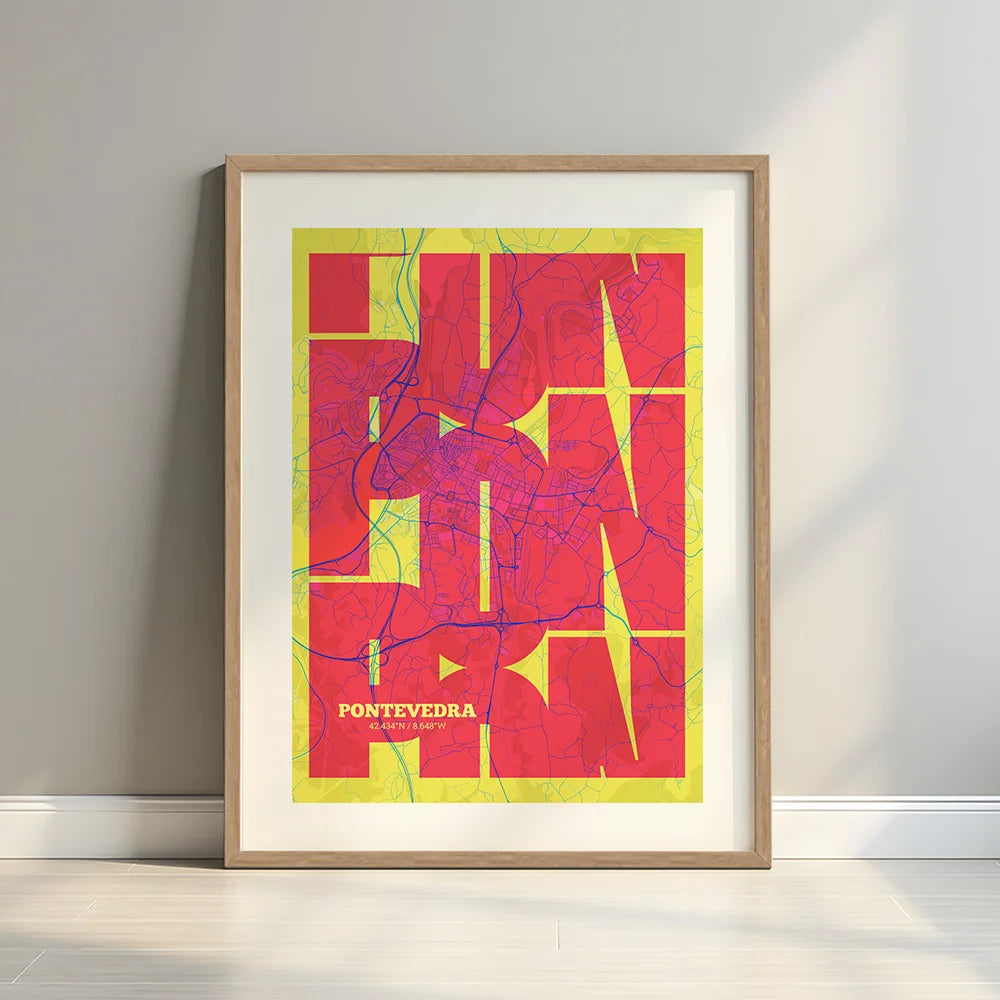 Framed Pontevedra in Inseparable design, featuring the city's abbreviation in expressive typography over a detailed urban map designed in yellow and fuchsia with a white margin border in a warm lit minimalist setting