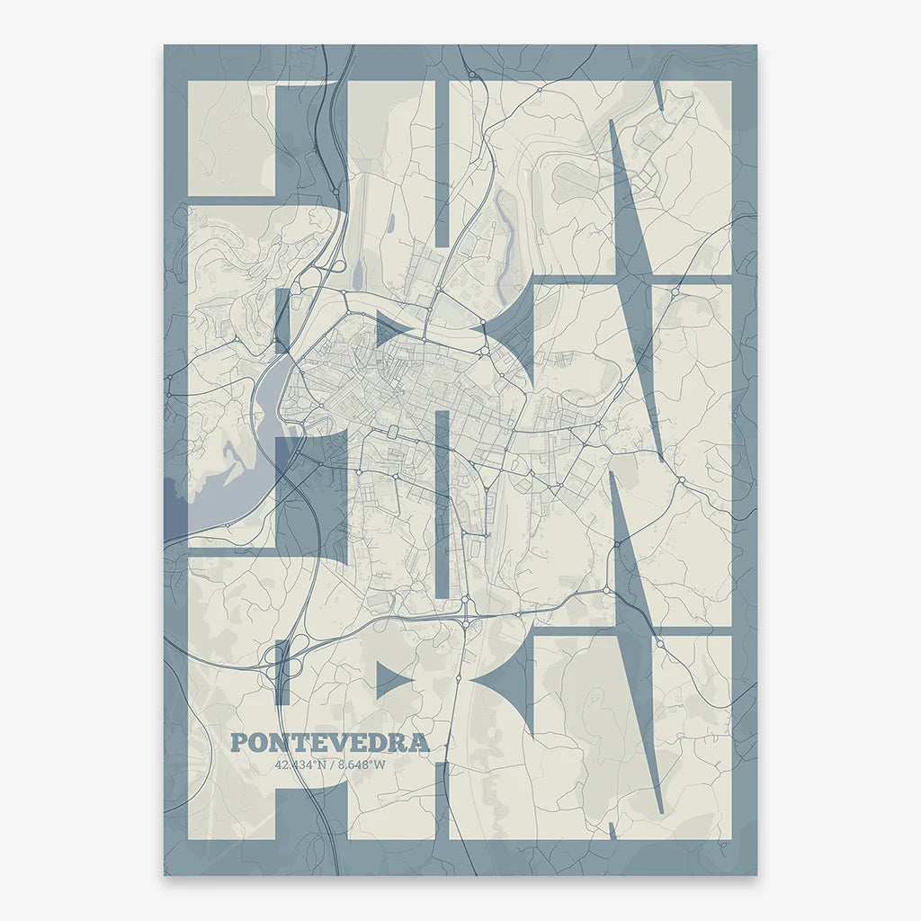 Poster of Pontevedra composed with letters from its abbreviation or its airport IATA code printed on bluish gray and an off-white background
