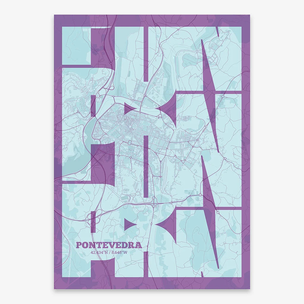 Poster of Pontevedra composed with letters from its abbreviation or its airport IATA code printed on purple and light blue