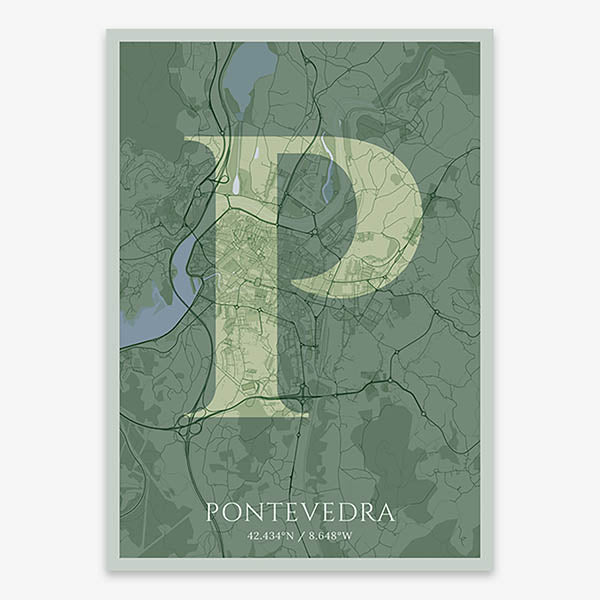 Decorative map of Pontevedra composed with letters in serif font printed on two green tones