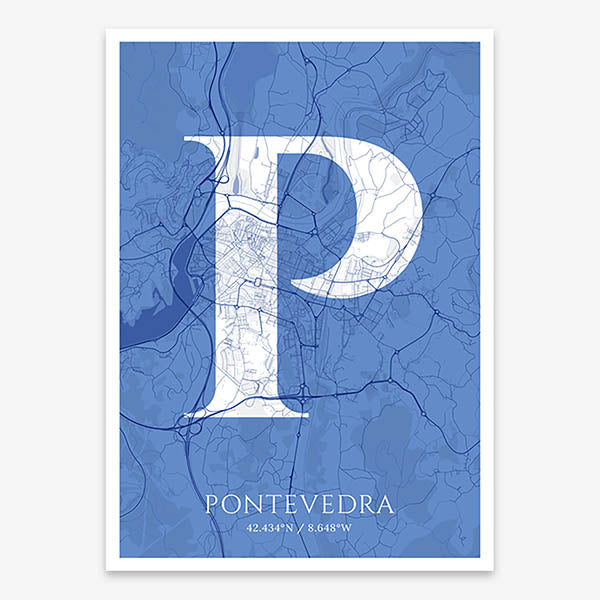 Decorative map of Pontevedra composed with letters in serif font printed on navy blue and white