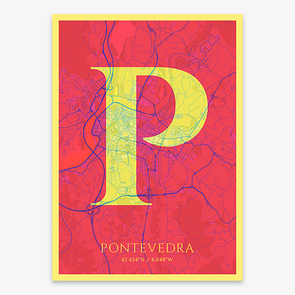 Decorative map of Pontevedra composed with letters in serif font printed on yellow and fuchsia