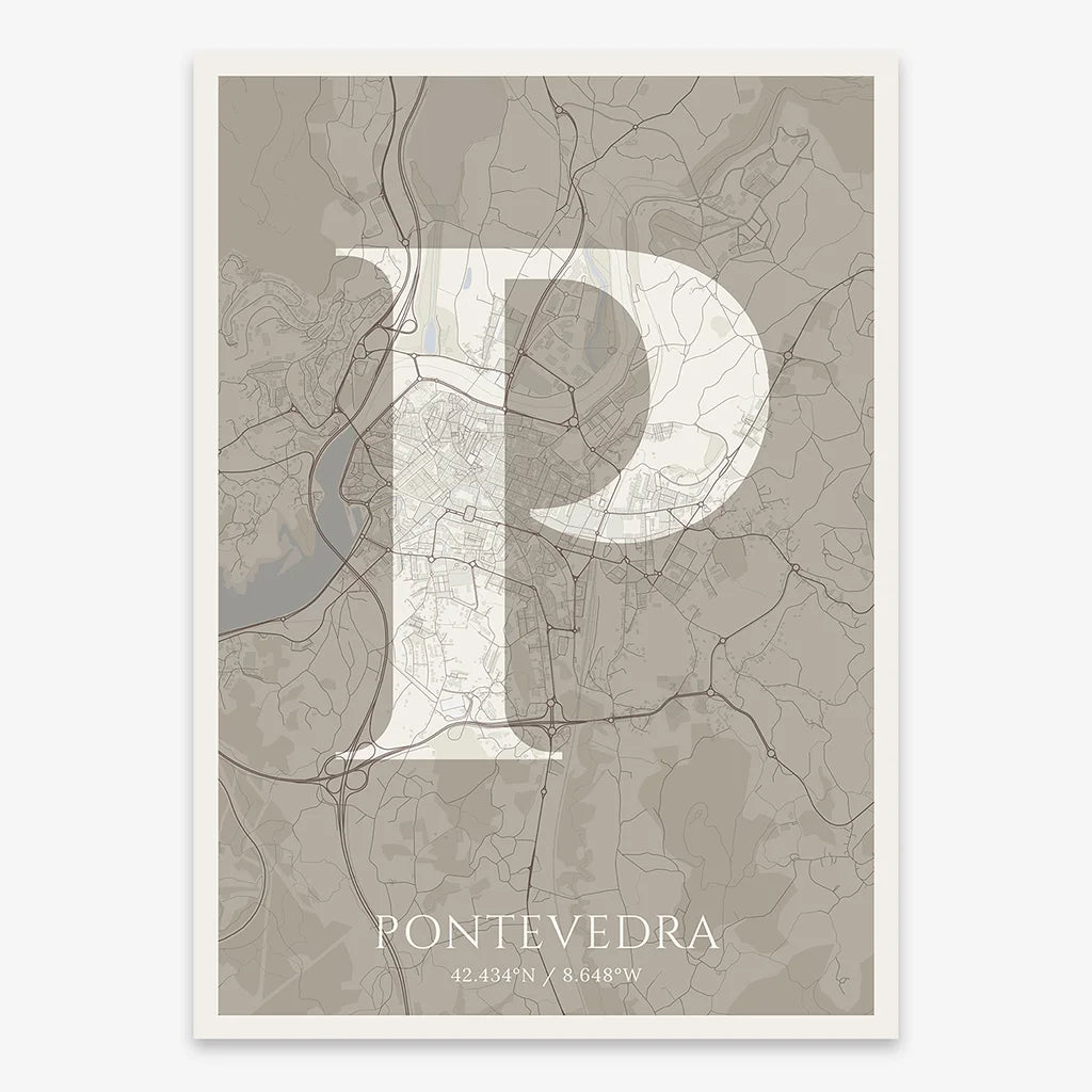 Decorative map of Pontevedra composed with letters in serif font printed on light brown and an off-white background