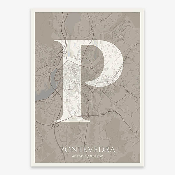 Decorative map of Pontevedra composed with letters in serif font printed on light brown and an off-white background