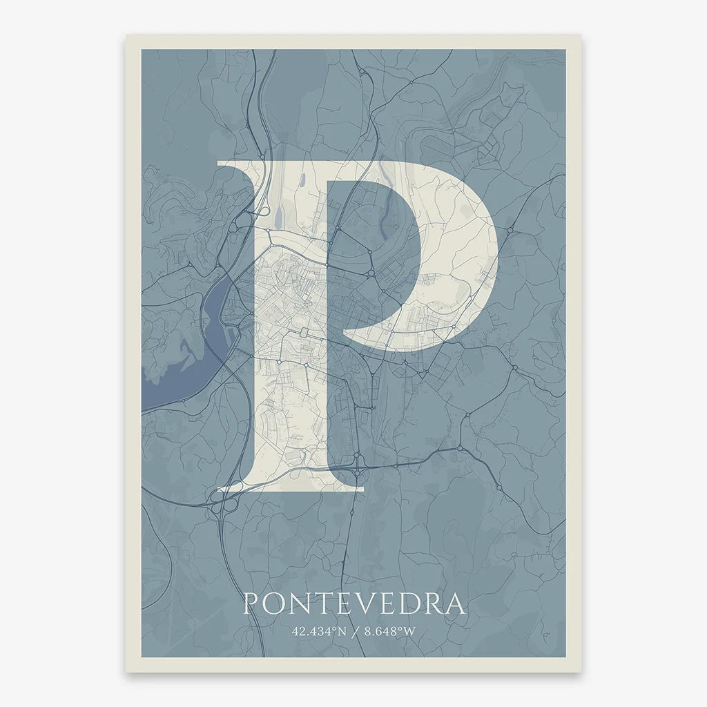 Decorative map of Pontevedra composed with letters in serif font printed on bluish gray and an off-white background