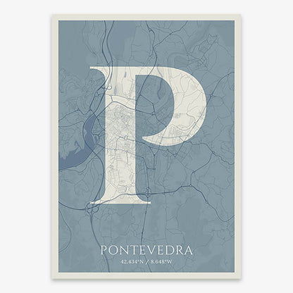 Decorative map of Pontevedra composed with letters in serif font printed on bluish gray and an off-white background