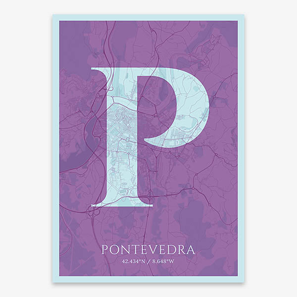 Decorative map of Pontevedra composed with letters in serif font printed on purple and light blue
