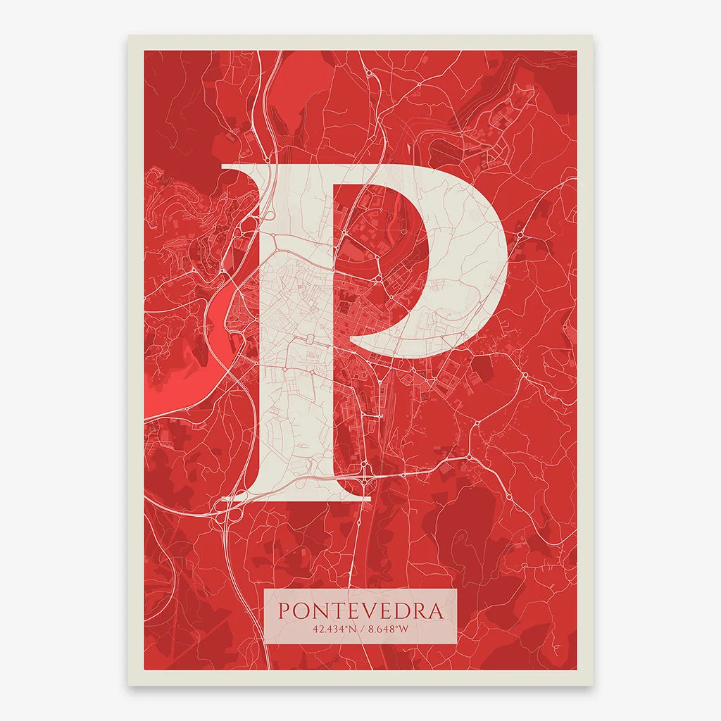 Decorative map of Pontevedra composed with letters in serif font printed on red and an off-white background
