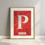 Framed Pontevedra in Classic design, inspired by chiseled typography with an elegant font that creates a beautiful visual contrast designed in red and an off-white background with a white margin border in a warm lit minimalist setting