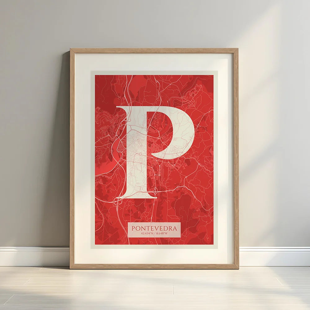 Framed Pontevedra in Classic design, inspired by chiseled typography with an elegant font that creates a beautiful visual contrast designed in red and an off-white background with a white margin border in a warm lit minimalist setting