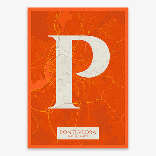 Decorative map of Pontevedra composed with letters in serif font printed on orange and an off-white background