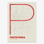 Poster of Pontevedra composed with letters in extra light font printed on red and an off-white background