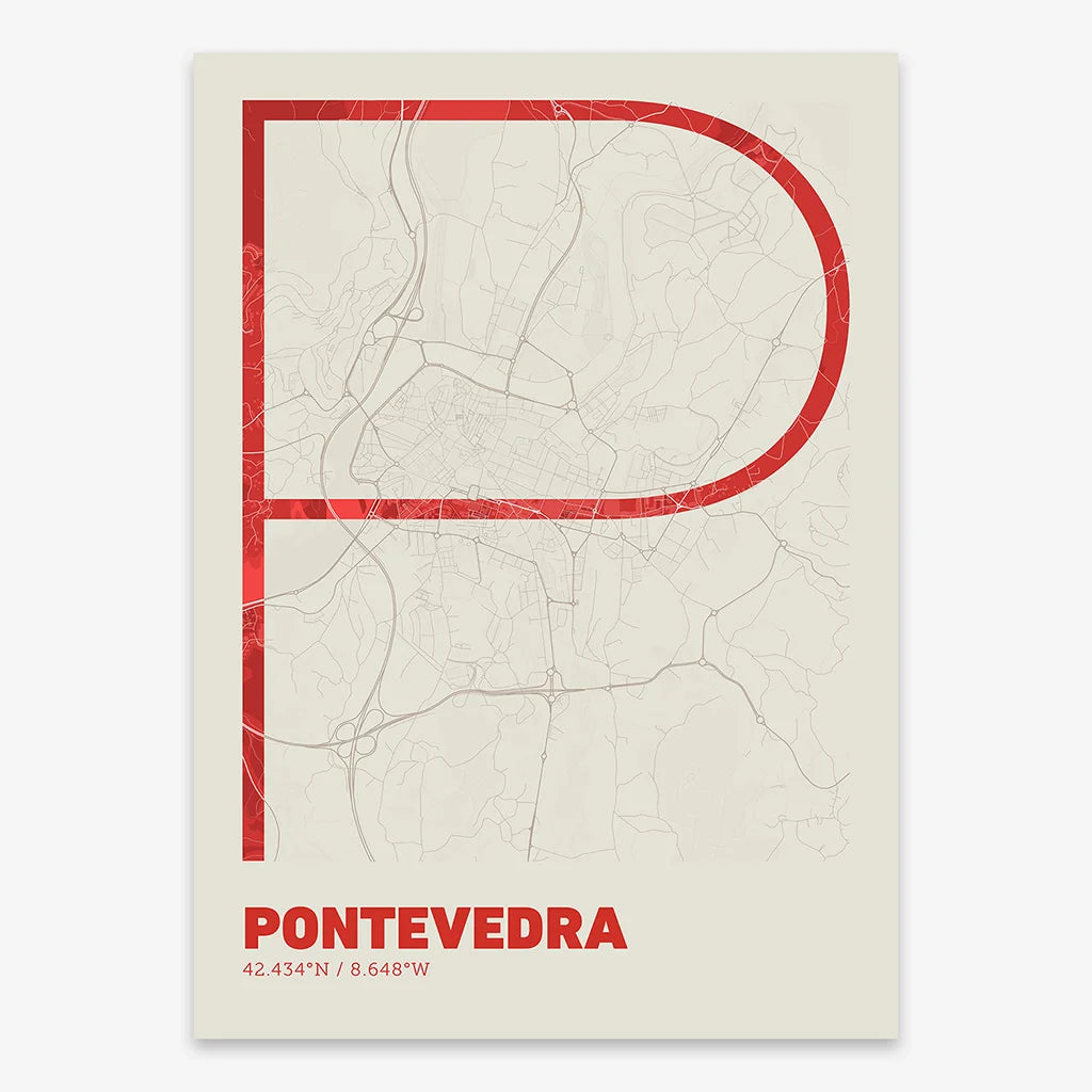 Poster of Pontevedra composed with letters in extra light font printed on red and an off-white background