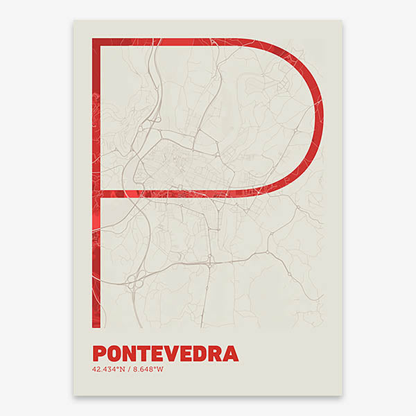 Poster of Pontevedra composed with letters in extra light font printed on red and an off-white background