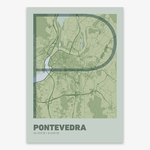 Mapa de Pontevedra en el diseño la Ultrafina, una estética minimalista que combina cartografía urbana con letras modernas, finas y elegantes diseñado en dos tonos de verde