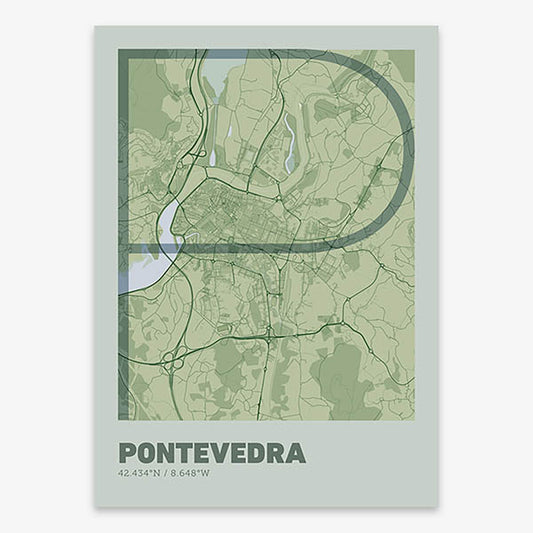 Poster of Pontevedra composed with letters in extra light font printed on two green tones