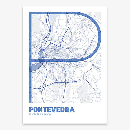 Poster of Pontevedra composed with letters in extra light font printed on navy blue and white