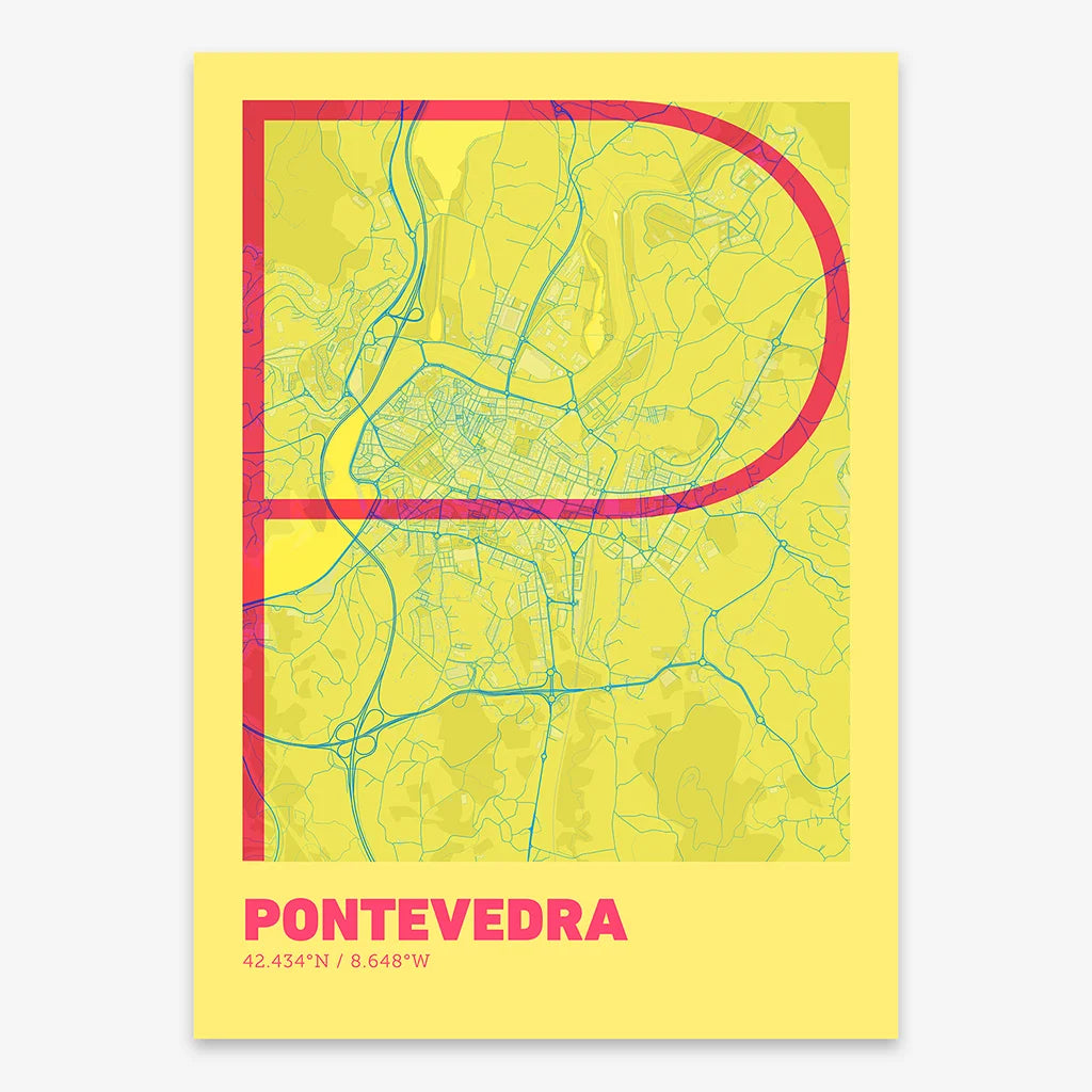 Poster of Pontevedra composed with letters in extra light font printed on yellow and fuchsia