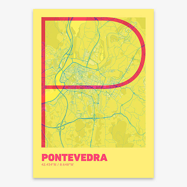Poster of Pontevedra composed with letters in extra light font printed on yellow and fuchsia
