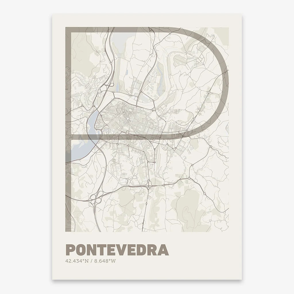 Poster of Pontevedra composed with letters in extra light font printed on light brown and an off-white background