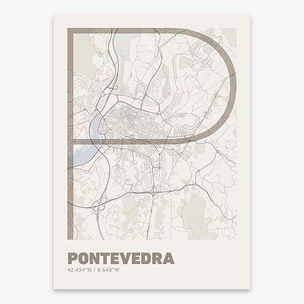 Poster of Pontevedra composed with letters in extra light font printed on light brown and an off-white background