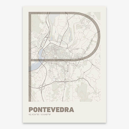Poster of Pontevedra composed with letters in extra light font printed on light brown and an off-white background