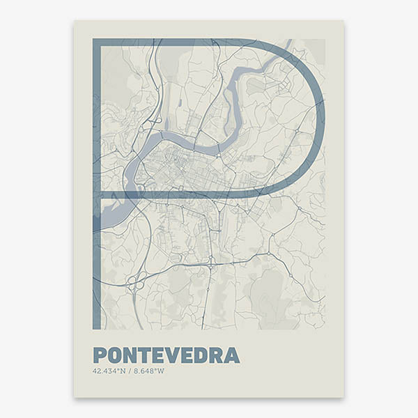 Poster of Pontevedra composed with letters in extra light font printed on bluish gray and an off-white background