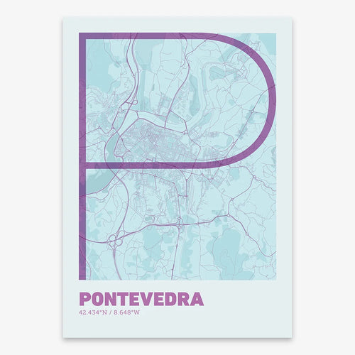 Mapa de Pontevedra en el diseño la Ultrafina, una estética minimalista que combina cartografía urbana con letras modernas, finas y elegantes diseñado en púrpura y azul claro