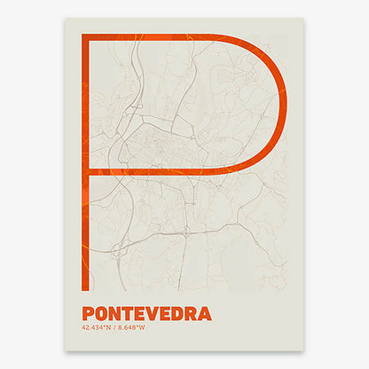 Poster of Pontevedra composed with letters in extra light font printed on orange and an off-white background