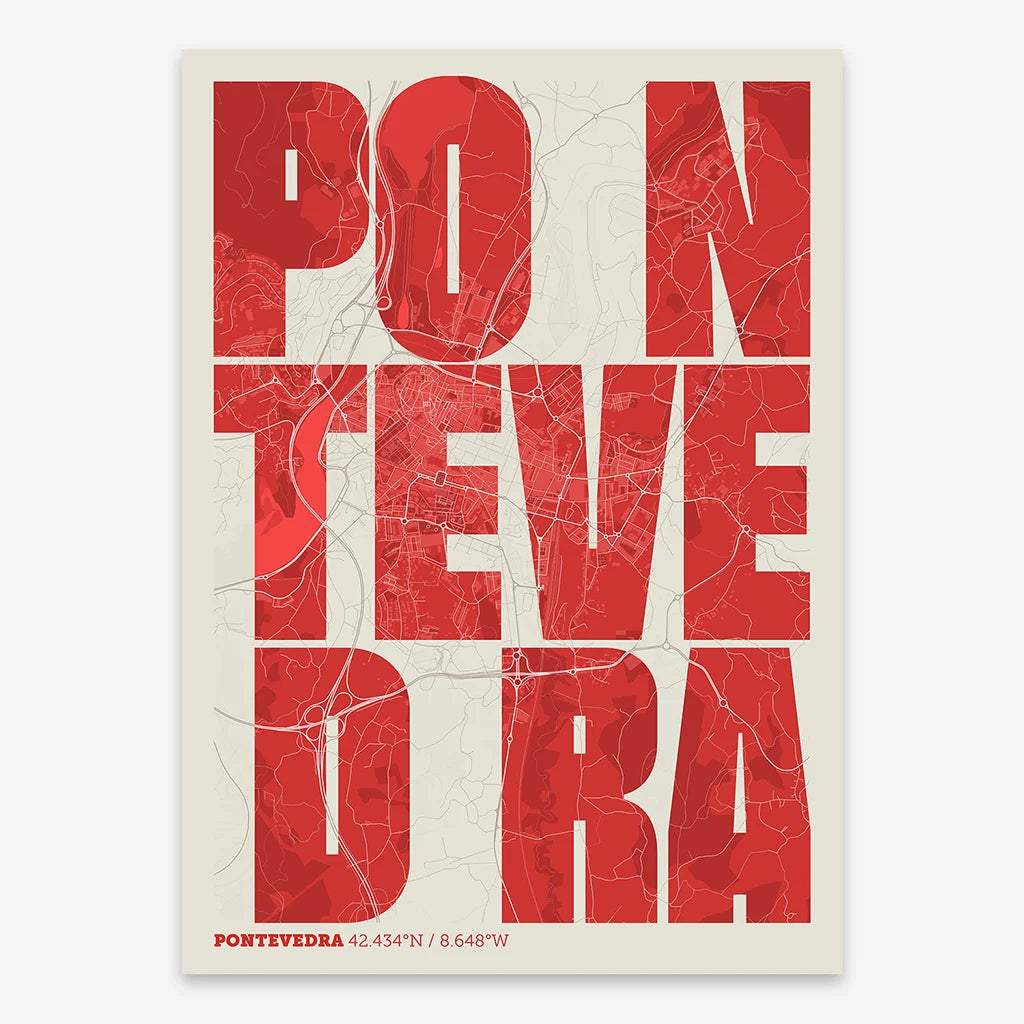 Decorative print of Pontevedra with letters of its name placed randomly, designed in red and an off-white background