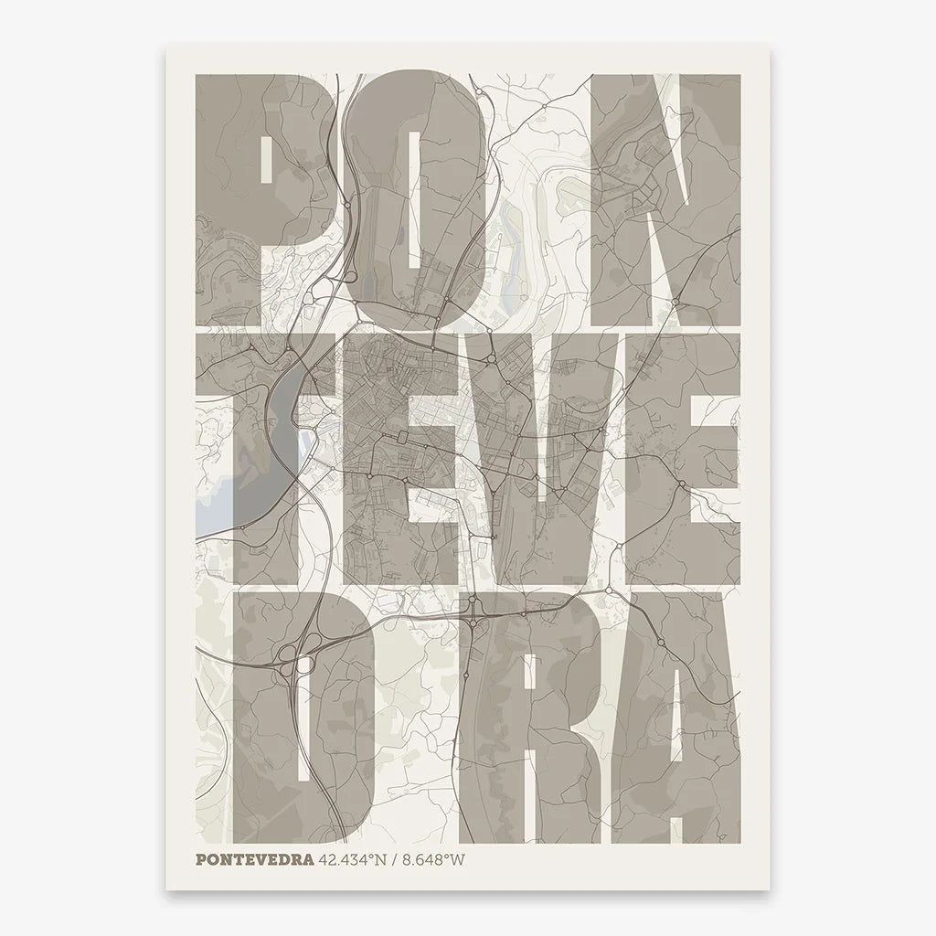 Decorative print of Pontevedra with letters of its name placed randomly, designed in light brown and an off-white background